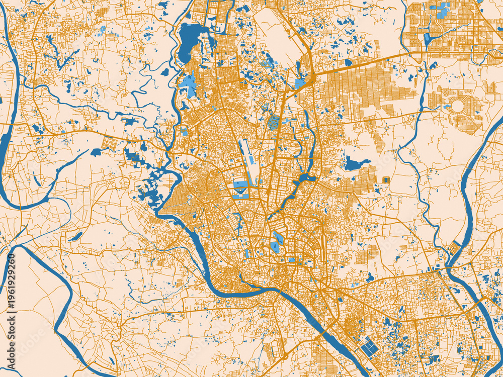 Naklejka premium City layout poster — Dhaka, Bangladesh – golden linework with blue water