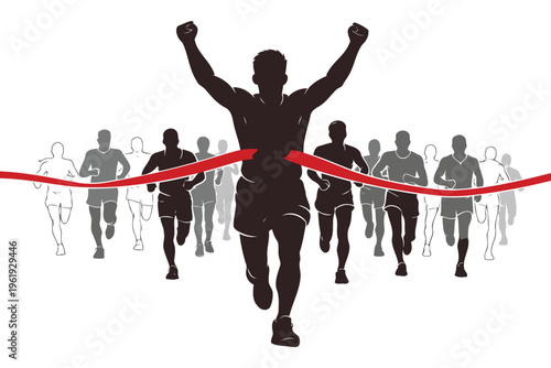A runner crossing the finish line with arms raised in victory surrounded by a group of competitors Vector