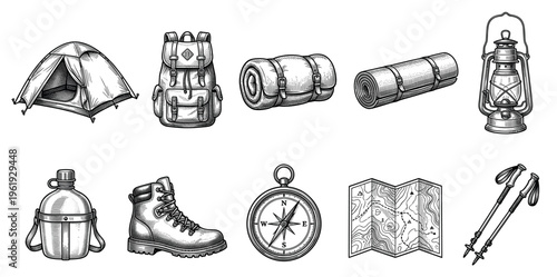 This black and white illustration features a collection of vintage camping equipment, including a tent, backpack, sleeping bags, a lantern, canteen, boot, compass, map, and hiking poles.