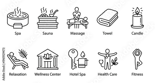 A collection of clean line art icons representing various wellness and spa services including a hot tub, sauna, massage, and fitness poses, perfect for health-related concepts.