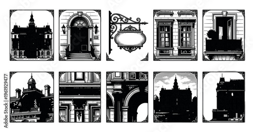 A collection of black and white vintage architectural elements and building facades presented as silhouettes with ornate framing, evoking a historical and classic feel for design projects.