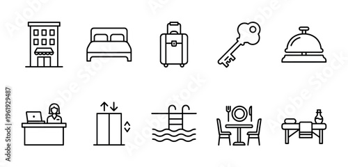A clean, minimalist set of line art icons representing various hotel services and amenities, including a building, bed, suitcase, key, and more.