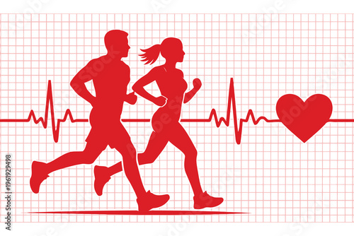 A red silhouette illustration of a man and a woman jogging along a healthy heart rhythm graphic Vector