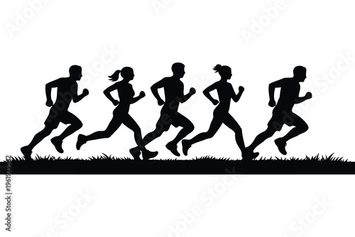 A silhouette illustration of a group of diverse people jogging together across a grassy field area Vector
