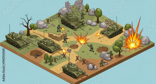 Isometric Military Battle Scene with Tanks and Explosions.
