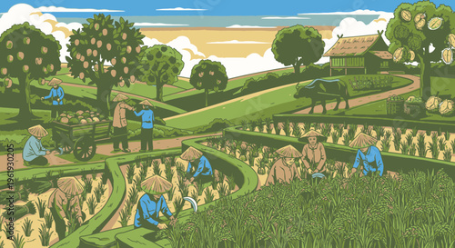 Farmers working in a green field.