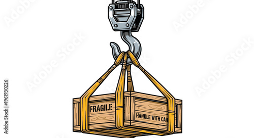Fragile wooden crate on hook lift.