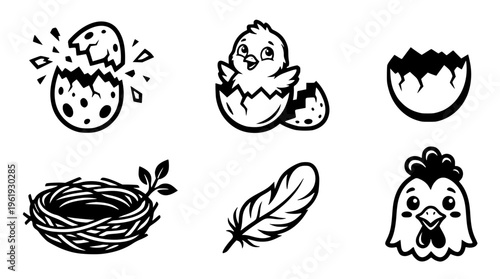Black and white chicken and egg vector graphic illustrations set