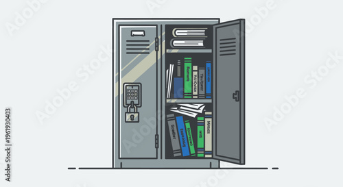 Gray metal school locker with books.