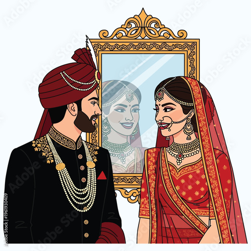Traditional south asian wedding couple looking at each other in front of ornate mirror