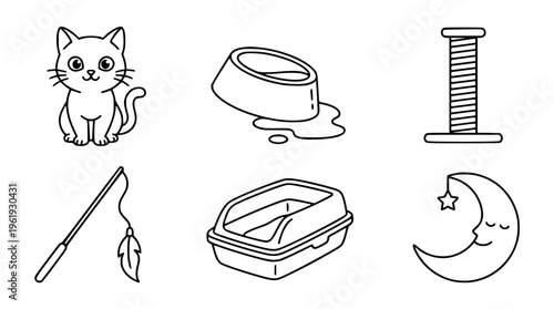 Cat and cat supplies vector graphic illustration set