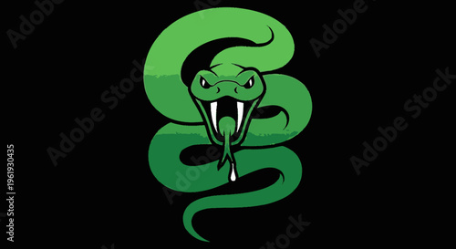 Green cartoon snake with fangs.