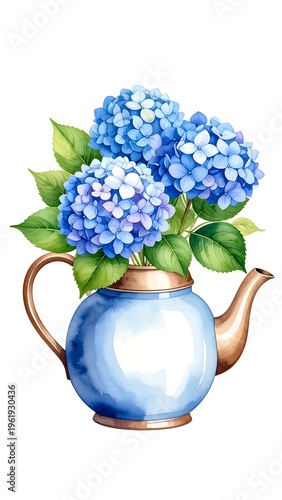 Watercolor illustration of blue hydrangea blooms in a light blue teapot. Green leaves visible