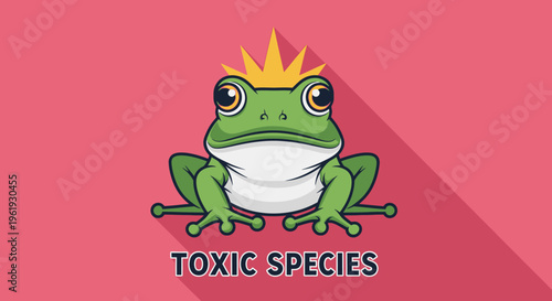 Green frog wearing a crown.