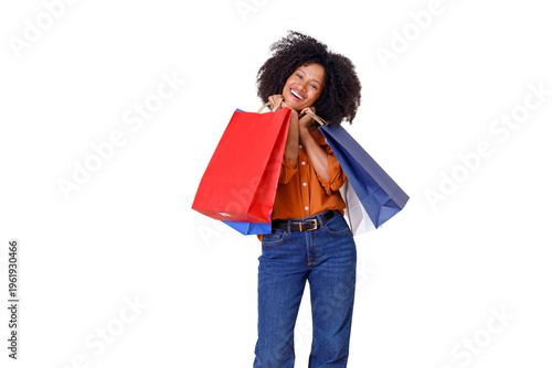 Konstfotografi African american woman enjoying retail therapy, happily holding shopping bags, c