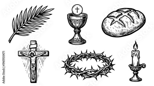 Christian symbols and objects for holy communion illustration