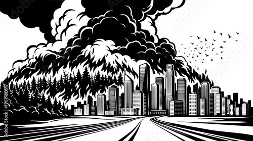 City skyline engulfed in massive fire and smoke clouds