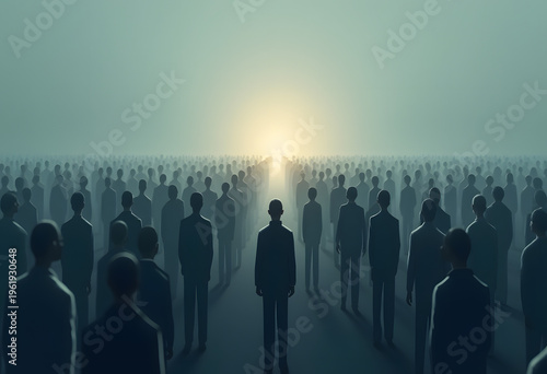 Crowd of People Silhouettes Facing a Bright Light Concept of Hope and Future Direction
