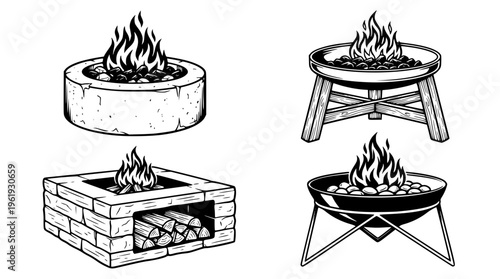 Various fire pits for outdoor camping and backyard gatherings