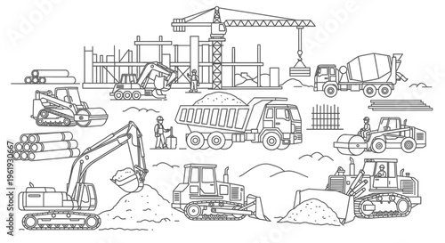 Heavy construction vehicles on a site.