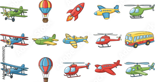 Cartoon air transport set with airplanes, helicopters and hot air balloons, colorful flying vehicles collection for kids illustration, travel design and playful vector elements