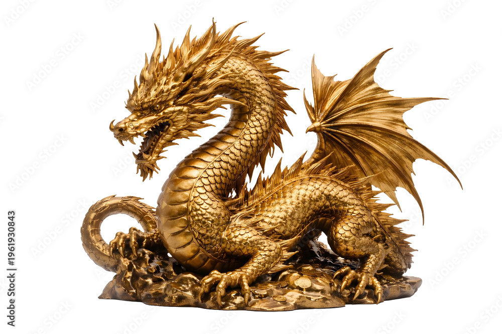 Fototapeta premium Golden Dragon Fantasy Creature Isolated on Transparent Background, Detailed Mythical Beast with Wings and Scales, Legendary Monster Illustration PNG Transparent Background