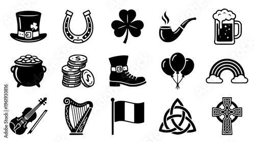 Black and white vector graphic of St Patricks Day symbols