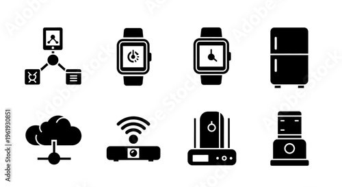 Smart Home Technology Icons: Network, Wearable, Appliances, Cloud, Router, Server, Blender