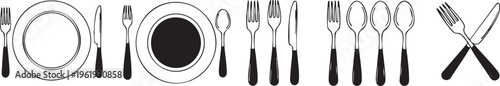 Collection of black and white cutlery and plates icons on transparent background