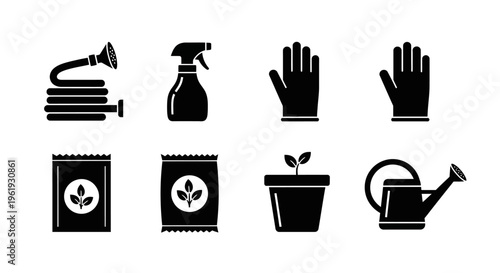 Gardening Tools and Supplies Icons Set: Hose, Sprayer, Gloves, Seeds, Pot, Watering Can