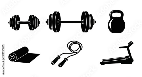 Fitness Equipment Icons: Dumbbells, Kettlebell, Yoga Mat, Jump Rope, Treadmill