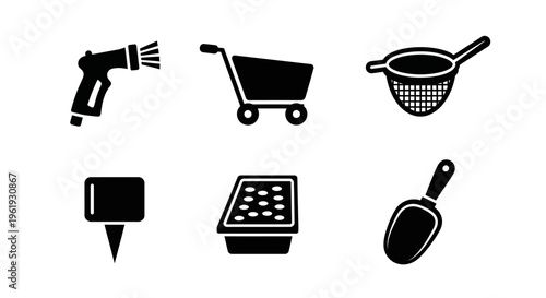 Gardening Tools Icons: Sprayer, Cart, Sieve, Marker, Seed Tray, Scoop