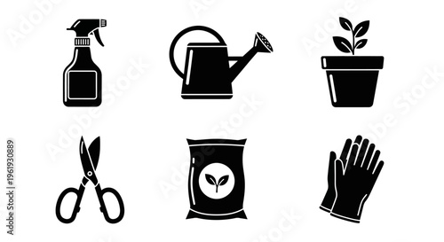 Gardening Tools Icons Set: Spray Bottle, Watering Can, Potted Plant, Scissors, Fertilizer Bag, Gloves