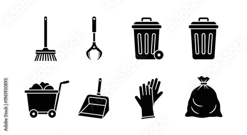 Cleaning Tools Icons Set: Broom, Dustpan, Trash Cans, Gloves, Cart, Bag