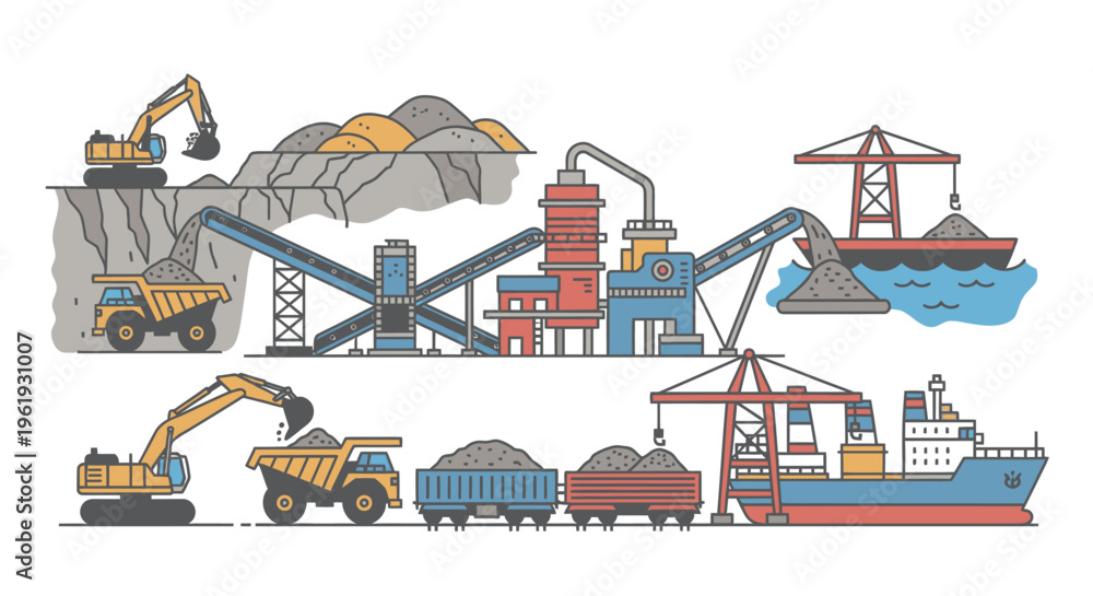 Naklejka premium Industrial cargo shipping operations with excavators.