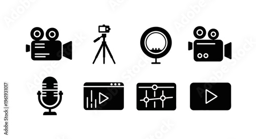 Video Production Icons: Camera, Microphone, Ring Light, Tripod, Editing Software
