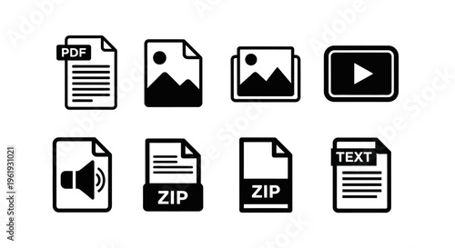 Collection of Digital File Icons: PDF, Image, Video, Audio, ZIP, Text
