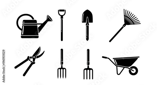 Gardening Tools Set Icon Collection: Watering Can, Shovel, Rake, Scissors, Pitchfork, Wheelbarrow