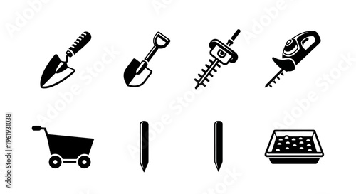 Gardening Tools Icons Set: Trowel, Spade, Trimmer, Cart, Stakes, Seed Tray