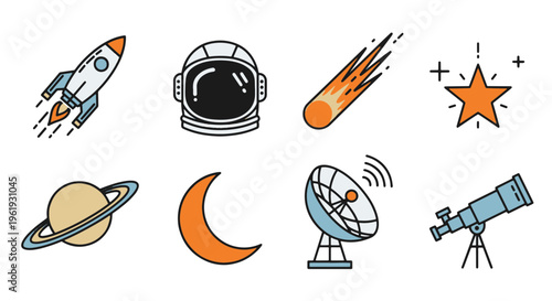 Set of Cartoon Space Icons Including Rocket Astronaut Helmet Meteor Star Planet Moon Satellite and Telescope