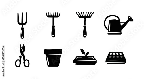 Gardening Tools Icons Set: Fork, Rake, Watering Can, Scissors, Pot, Seedling Tray