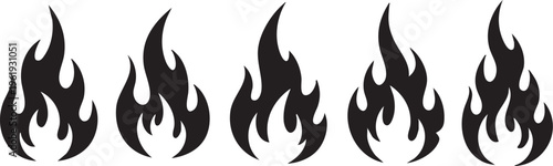 Set of five black flame icons representing fire in various shapes