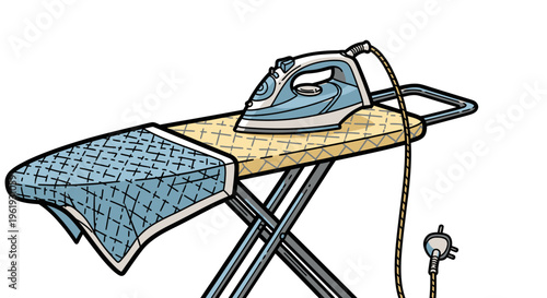 Iron on ironing board with cover.