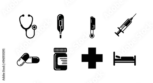 Medical Icons Set: Stethoscope, Thermometer, Syringe, Pills, Bed, Cross