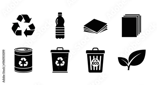 Recycling symbols, plastic bottle, paper, tin can, and eco trash bins icons