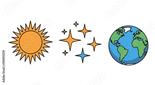 Sun Earth Stars Space Elements Cartoon Style Flat Design