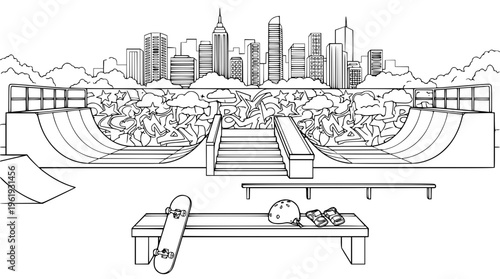 Urban skate park with city skyline and graffiti background