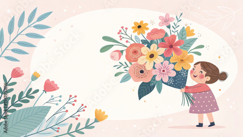 Cute pastel flat illustration of a girl holding a bouquet of flowers positioned bottom right soft pastel background