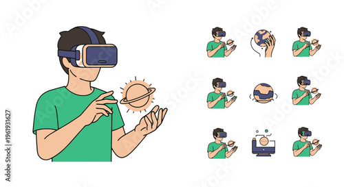 Man Wearing Vr Headset Interacting with Holographic Solar System Model