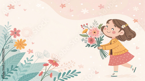 Cute pastel flat illustration of a girl holding a bouquet of flowers positioned bottom right soft pastel background